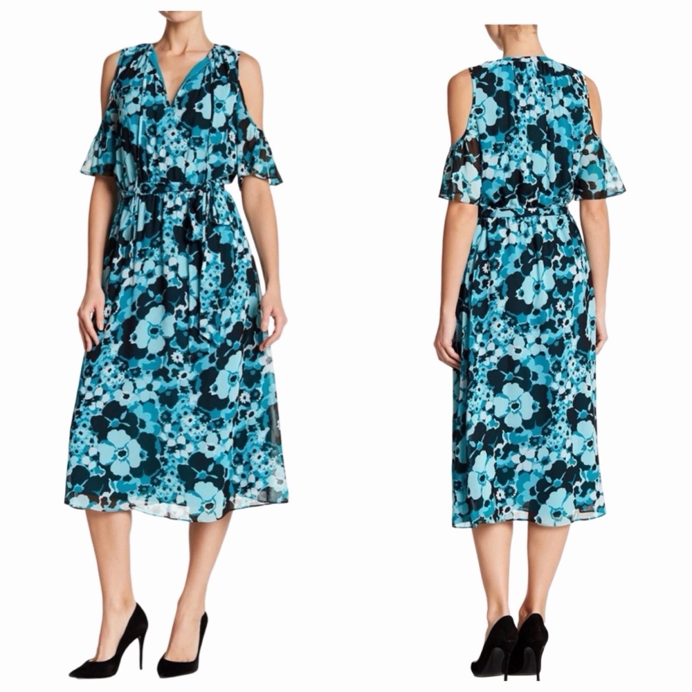Michael Kors Floral Cold Shoulder Dress Sz Large Garden Party Spring Belted Teal